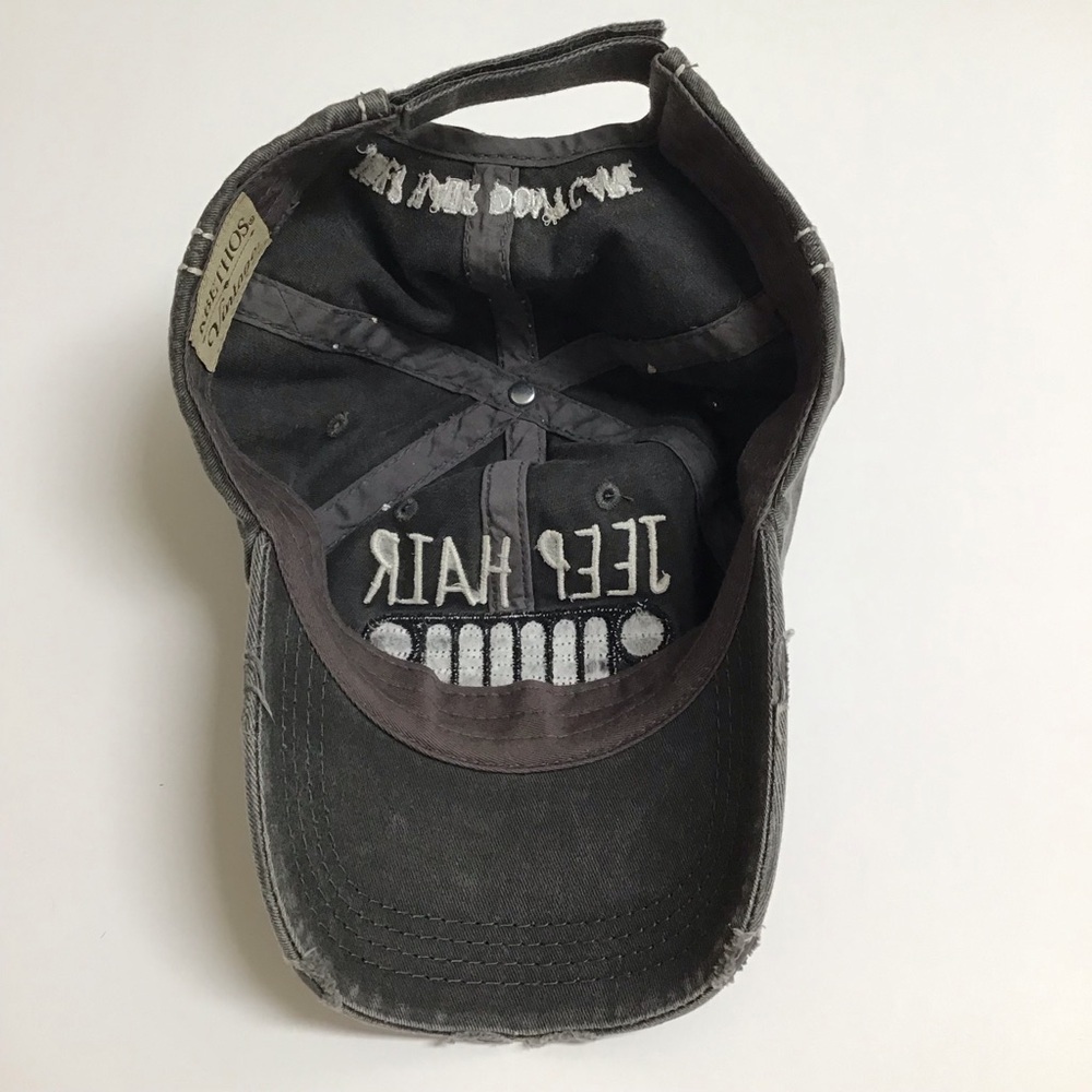 Jeep Hair Don’t Care Baseball Cap Gray Distress Hat Adjust Bling Grille Vintage - Picture 9 of 13